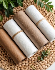 Fresh flat lay of three rolls of toilet paper on a wicker background with muted hues