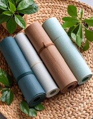 Fresh flat lay of three colorful yoga mats displayed on wicker background with muted hues