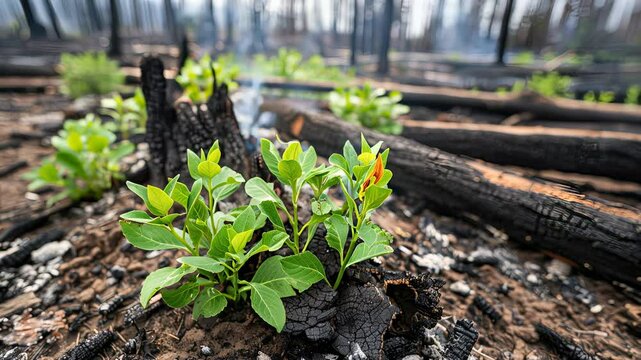 New growth emerges from scorched forest floor, symbolizing nature&rsquo;s resilience and ecological recovery