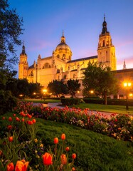 Majestic basilica captured at dusk with dramatic close-up view surrounded by garden