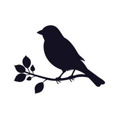 Obraz premium Bird on Leafy Branch Silhouette. Spring Nature Icon.