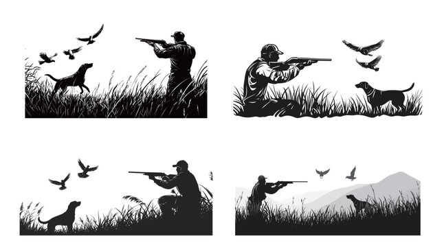 Detailed black and white scene depicting hunters in action, featuring intricate line art of people tracking and hunting in a natural environment with weapons, trees, and wildlife,