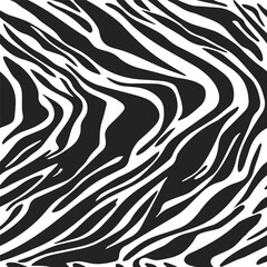 Zebra skin seamless pattern with natural, wavy black stripes on a white background. Animal classic fur illustration. Zoo leather endless print design.