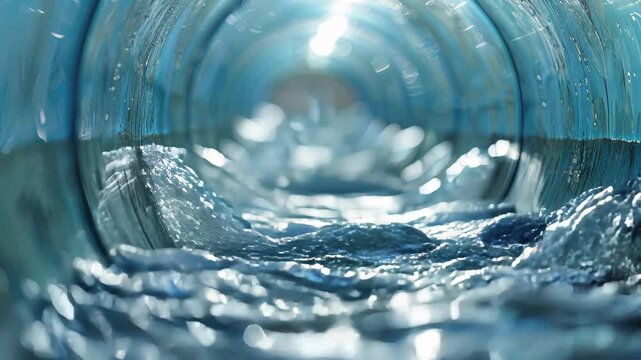 Seawater flows through transparent membranes, part of a desalination process that produces purified clean water