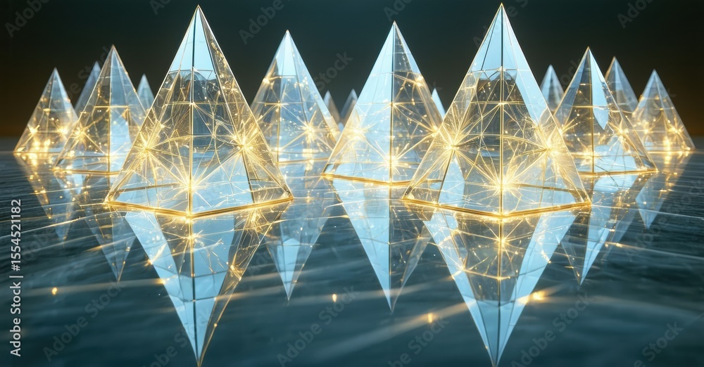 Poster pyramids constructed from glowing lines. reflective surface creates symmetrical, futuristic landscap