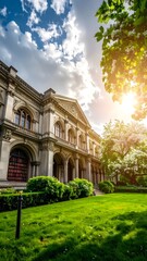 A captivating worm's-eye view of a large building with a tree gracefully standing in front