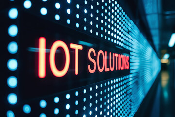 Red Neon I O T Solutions Sign on Blue L E D Dot Matrix Display in Dark Corridor technology neon sign