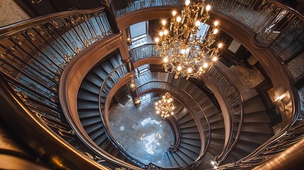 Rotating stairs and chandeliers in the hotel