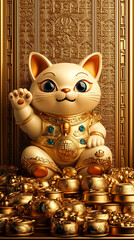 Fortune Cat with raised paw, sitting on a pile of gold ingots