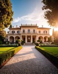 Elegant mansion surrounded by lush garden in dramatic evening light and architectural style