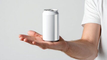 Man holding white aluminum can on open palm