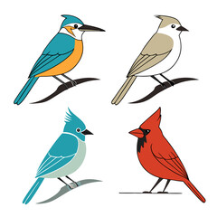 Fototapeta premium Four colorful flat design birds perched on branches kingfisher cardinal