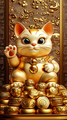 Fortune Cat with raised paw, sitting on a pile of gold ingots
