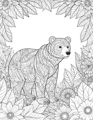 Beautiful line art of a bear surrounded by flowers in black and white fantasy design style