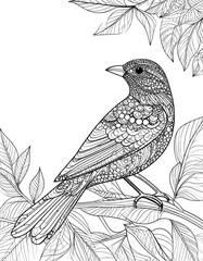 Surreal line art of a bird on a branch surrounded by leaves in elegant black and white style