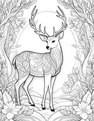 Elegant line art of a deer amidst delicate flowers and leaves in a forest setting