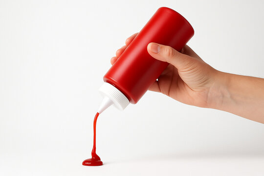 Red squeeze bottle dispensing condiment against white background image
