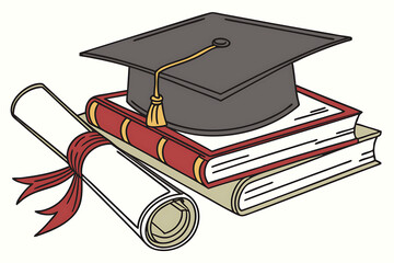Illustration of graduation cap books and diploma with red ribbon on white background