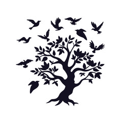 Tree of Life with Flock of Birds Silhouette Vector