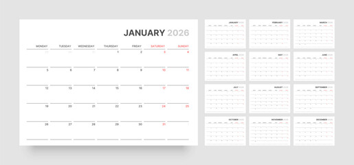 Monthly calendar layout for 2026 year. Diary planner for 2026 year. Week Starts on Monday. 