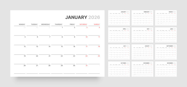 Monthly calendar layout for 2026 year. Diary planner for 2026 year. Week Starts on Monday. 