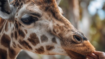 Close-up of giraffe eating from hand in wildlife park