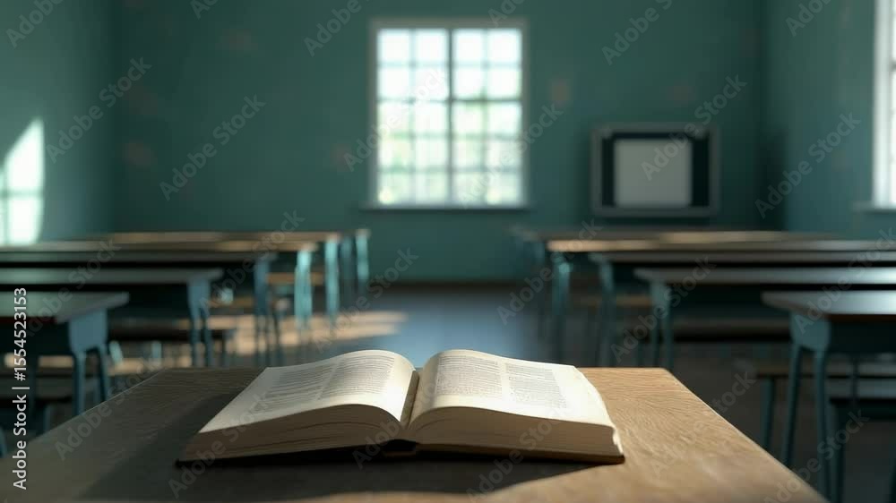 Aufkleber Open book rests on a desk in the foreground of an empty classroom, bathed in soft sunlight streaming through the window, creating a serene atmosphere of learning and knowledge