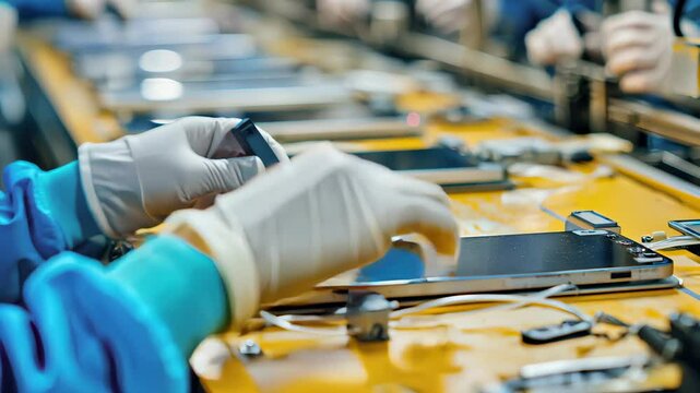 Close-up of smartphone testing process on assembly line in modern electronics manufacturing facility