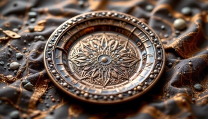 Obraz premium Ornate Bronze Plate with Mandala Design on Dark Fabric