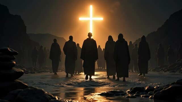Witness the silhouettes of Joshua leading the Israelites across the Jordan River, with a glowing cross and stacked stones in stunning 4k detail.