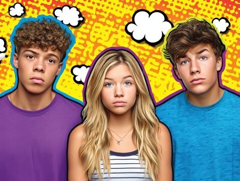Group of three cool trendy teenagers expressing modern youthful vibes against a vibrant comic-style backdrop with playful clouds highlighting contemporary cultural influence and youthful identity - Powered by Adobe