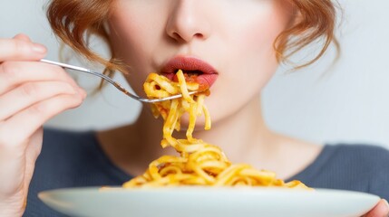 Woman eating spaghetti with tomato sauce from fork and plate
