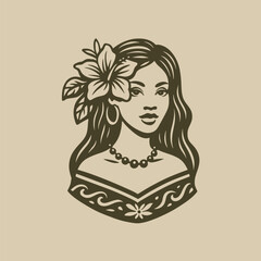 Beautiful young hawaiian woman in ethnic clothing.  Retro vector illustration suitable as a logo, for textile printing or advertising of all kinds.