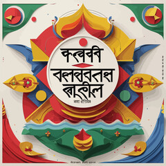 Colorful Bengali New Year Celebration Illustration with Traditional Motifs and Bengali Text