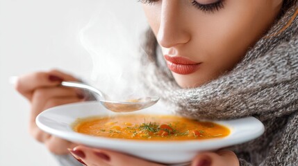 Sick woman eating hot soup to cure a cold in winter