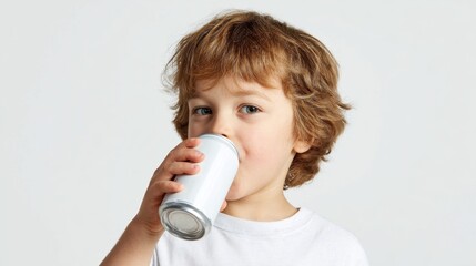 Cute child drinking from white aluminum can on white background