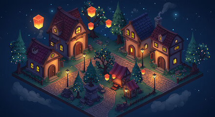 Enchanted Night Village Isometric Low-Poly Illustration