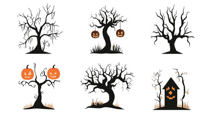 Fototapeta premium Halloween tree vector illustration featuring a spooky, twisted tree with bare branches, eerie atmosphere, and dark silhouette, perfect for Halloween-themed designs, horror graphics, 
