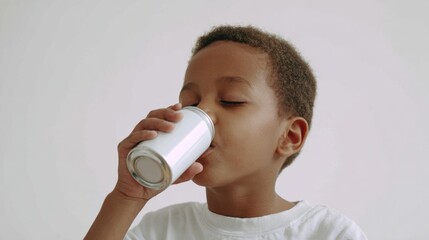 Young boy drinking from white can on white background