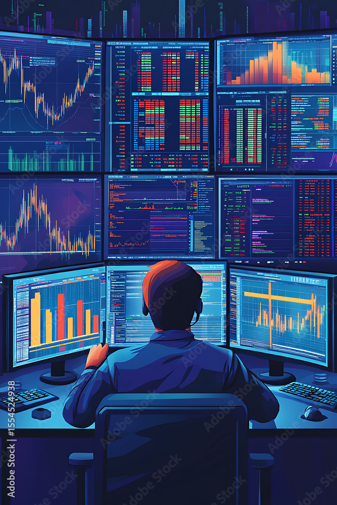 Poster a trader analyzing multiple stock market screens in a dark room with graphs and data visualizations