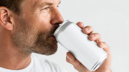 Close-up of man drinking from white aluminum can