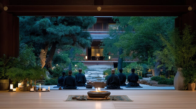 Morning meditation in a serene temple hall with tranquil ambiance