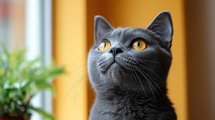 Grey Cat with Golden Eyes Looking Up Indoors by Window and Plant