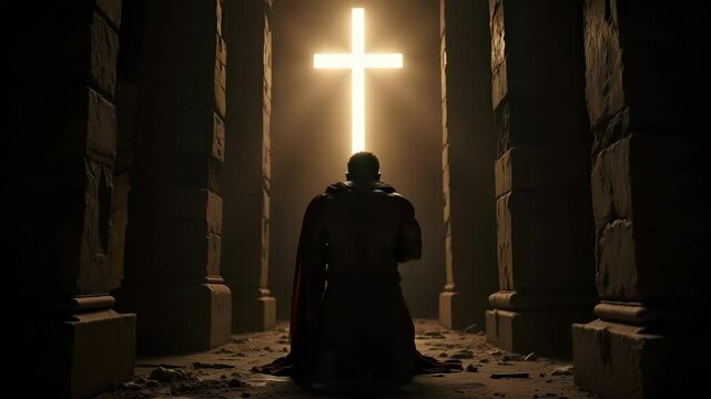 Samson's silhouette reveals his fervent prayer for strength, with a glowing cross and trembling pillars in stunning 4k resolution.