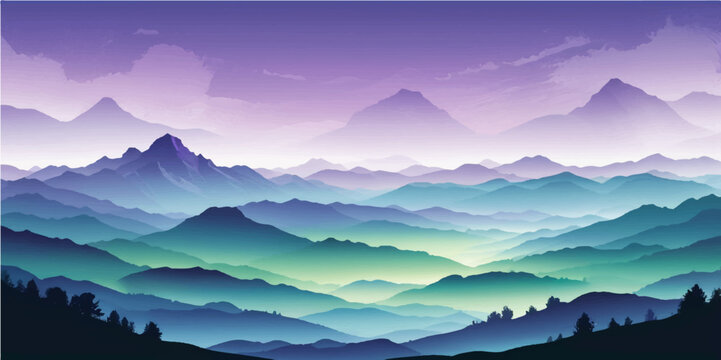 Sunrise paints a majestic mountain landscape, a misty blue panorama of peaks and valleys under a dramatic sky