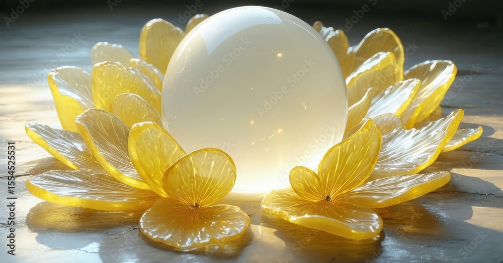 Poster glowing orb rests within delicate flower petals. soft light emanates, creating serene, warm ambiance
