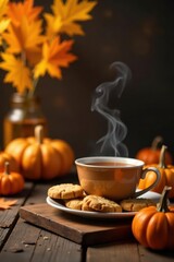 Autumnal Still Life A Warm Mug of Tea, Aromatic Cookies, and Festive Gourds on a Rustic Wooden Table