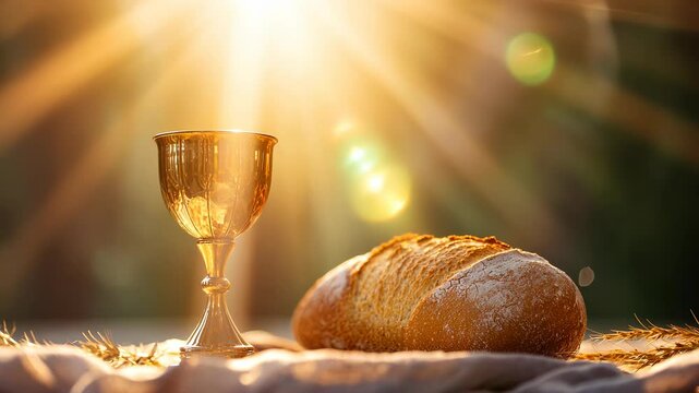 Ornate golden chalice beside warm bread and wheat stalks, illuminating sacred communion ritual during soft golden sunset light