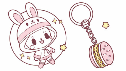 Cute bunny rabbit character with macaron keychain illustration vector art design for kids and adults
