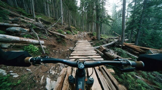 Mountain biker riding on narrow wooden bridge in forest